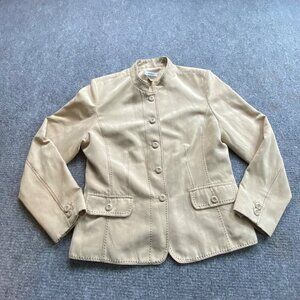 Dressbarn Blazer Jacket Womens L Beige Banded Collar Detail Stitching Microsuede